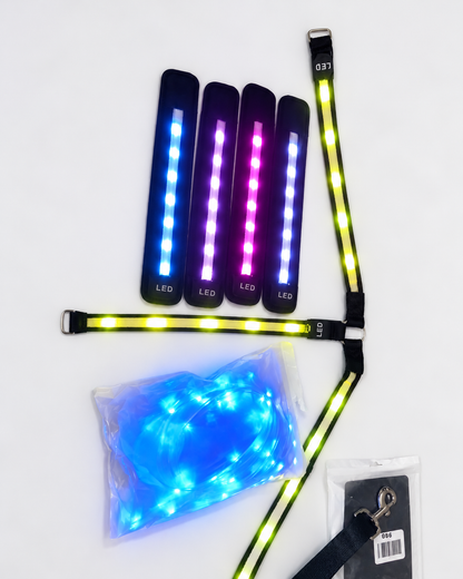 LED horse light set flat lay with four illuminated leg bands, yellow chest strap and blue tail lights